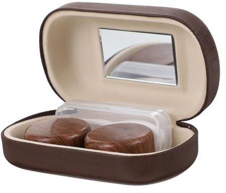 HOODANCOS Vintage Leather Wood-Grain Large Diameter Leak-Proof Contact Lens Case Double Compartments Lens Organizer Storage Box for Travel Eye Care