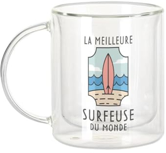 Fabulous Dubbelväggig glasmugg - världens bästa surfare på semester strand sport - kaffemugg och isolerad 330 ml hängande effekt mot buller, tryck i Frankrike