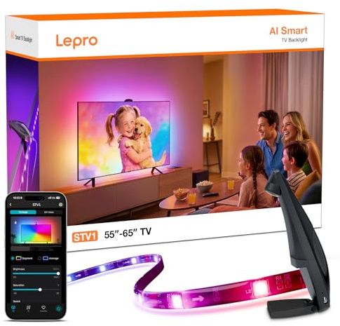 Lepro STV1 AI Tira LED TV Backlight con Cámara,3.6m para TVs 55-65 Pulgadas | Sincronización Pantalla y Música, Funcion con Alexa/Google Home, Retroiluminación RGB+IC para Juego, Películas, Adaptador