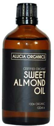 ALUCIA ORGANICS Certified Organic Sweet Almond Oil 100ml – 100% Pure Almond Oil for Face, Body & Hair – Natural, Cold-Pressed & Unrefined – Vegan & Cruelty-Free
