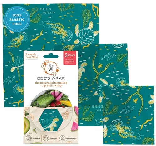 Bees WRAP Food Wrap Ocean Print Assorted Sizes, 1 EA | Organic Beeswax Wraps - Small, Medium & Large - Plastic Free - Reusable Food Storage - Cheese & Produce - Made in USA