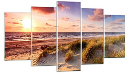 Deco Cadre Salon mer plage dune Moderne Impression sur Verre 160x85cm Image Tableau en Verre Decoration Murale Chambre Triptyque 5 parties Art Grand XXL Tableaux Decoratifs Muraux GEA160x85-3540