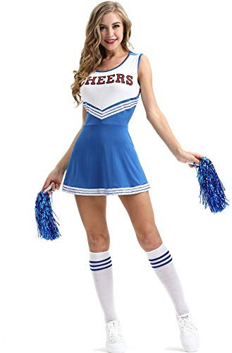Elonglin Damen Kostüm Pompon Girl Cheerleader-Kostüm Uniform mit Pompons, Cosplay, Kostüm High School Musical Top, Rock, Halloween, Größe 40 (Asia M)
