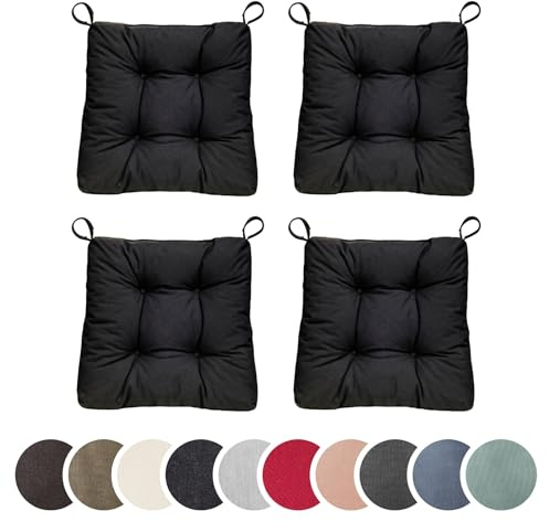 sleepling 4er Set Stuhlkissen 40 (vorne), 35 (hinten) x 38 x 7 cm, Schwarz | Sitzkissen für Stuhl & Bank mit Klettverschluss, 100% Baumwolle, Indoor & Outdoor, Made in EU, Waschbar, 4 Stück