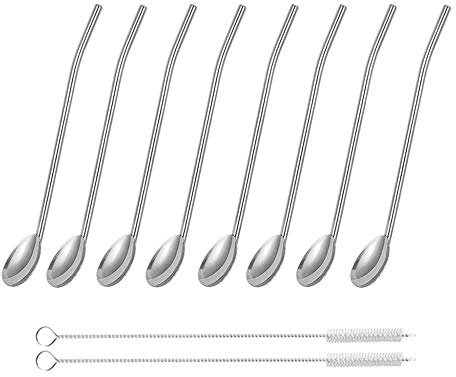 INHDBOX Edelstahl Trinkhalmlöffel, Wiederverwendbare Metallstrohhalm, Metall Strohhalme Löffel Strohhalme Cocktail Löffel Set, Latte Macchiato Löffel 8 Stück