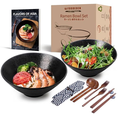 Ramen Bowl Set of 2, 1000ml Japanese-Style Ceramic Noodle Soup Bowl with Spoons, Chopsticks and Forks, Large Bowl for Pho, Udon, Pasta, Curry and Cereal, Housewarming Gift - Microwave&Dishwasher Safe