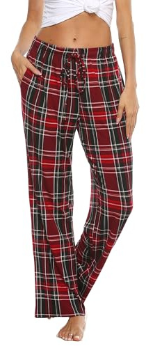 Vlazom Pantalon de Pyjama Femme Bas de Pyjama Femmes à Carreaux Pantalon de Nuit avec Poches，Vin Rouge，S