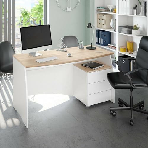 Dmora - Carrollton Desk, Bureau, Table d'étude PC avec 3 tiroirs, 136x67h74 cm, Blanc et Chêne