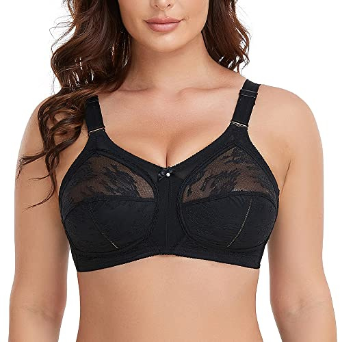 Ayigedu Plus Size Non Wired Lace Non Padded Full Coverage Bra Minimizer Firm Hold 34-F Black
