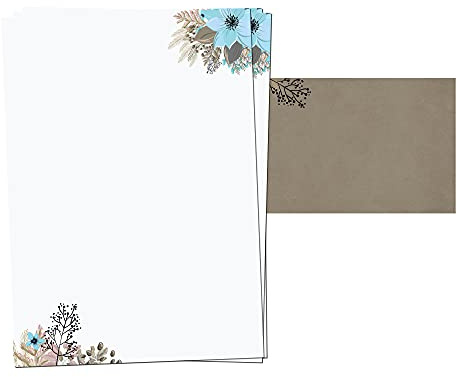 Presentou Brevpapper, tryckt 120 gram papper, motivpapper, certifikatpapper, meny, kärleksbrev (blommor och brunt, 25 + 25 ark + kuvert)
