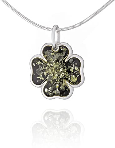 AMBEDORA Collar de Mujer con Ámbar, Plata de Ley Pulida, Ámbar Báltico en Color Verde, Colgante Trébol Verde de Plata con Cadena