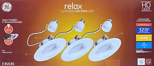 GE Lighting (3 Bulbs) 47697 Relax HD LED Light Bulbs, 6 inch recessed Downlight, Soft White, 8 Watt, 700 Lumens, Indoor Floodlight