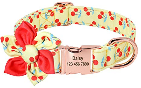 Personalisiertes Hundehalsband Mit Blumenmotiv,Obst Bedruckt,Individuelle Haustier-ID-Halsbänder Mit Gravur,Hundezubehör Für Kleine,Mittelgroße Hunde Und Katzen,Kirsche,S