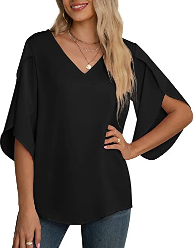 Yommay Chemisier en mousseline pour femme, hauts élégants décontractés à manches 3/4 froncées fendues à col en V, chemisier d'été T-shirts, Noir , 3XL