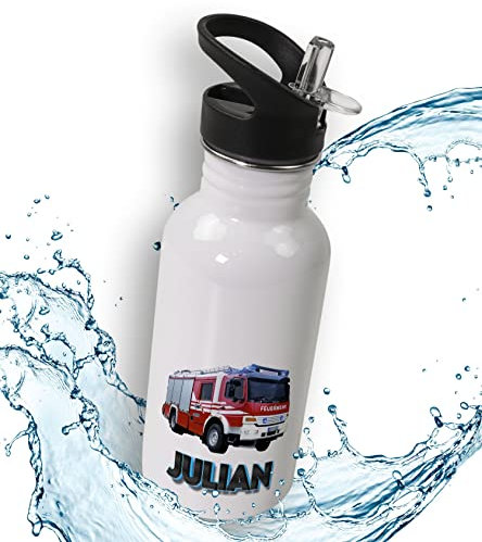 timalo® Trinkflasche Feuerwehrauto für Kinder personalisiert mit Namen | auslaufsichere Edelstahl Sportflasche Kindergarten Geschenk für Jungen und Mädchen 400mL | Feuerwehr 2