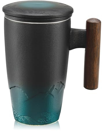 suyika Ceramic Tea Cup with Infuser and Lid Tea Mugs Wooden Handle 400ml/13.5oz Dark Green