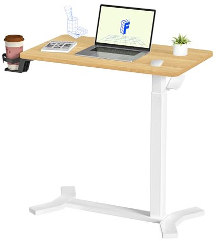 FLEXISPOT Beistelltisch höhenverstellbar H5 - Vielseitiger Rolltisch mit Becherhalter für Sofa, Bett & Laptop, C-förmiger Couchtisch mit Holzplatte (Ahorn+Weiß)