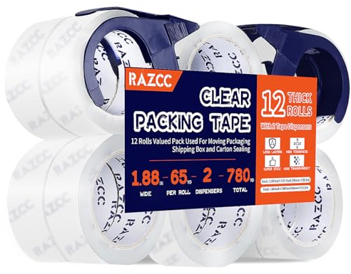 RAZCC Packing Tape, 12 Rolls Clear Heavy Duty Packaging Tape with Dispensers for Packing, Shipping, Moving and Mailing, Thicker Sealing Tape-1.88 x 65 Yards Per Roll, 780 Total Yards