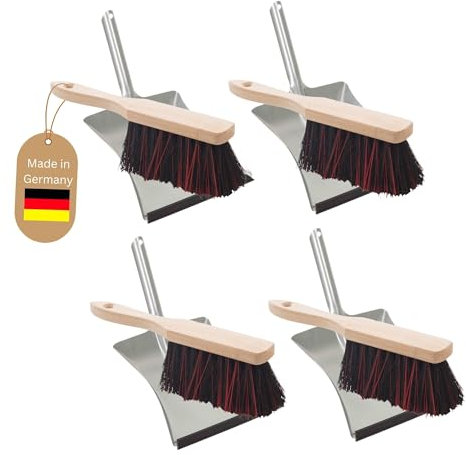Novaliv 4X Kehrblech Set Kehrblechgarnitur Handfeger Arenga & ELASTONBORSTEN Kehrblech mit Gummilippe Silber verzinkt Kehrblechbesen Handkehrset Kehrblechset Kehrschaufel Besen Feger und Kehrblech