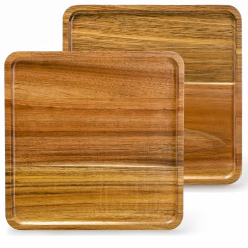Elsjoy Quadratisches Serviertablett aus Akazienholz, 25,4 cm, quadratische Servierplatte aus Holz, quadratische Akazienholzplatten für Wurstwaren, Obst, Brot, 2 Stück