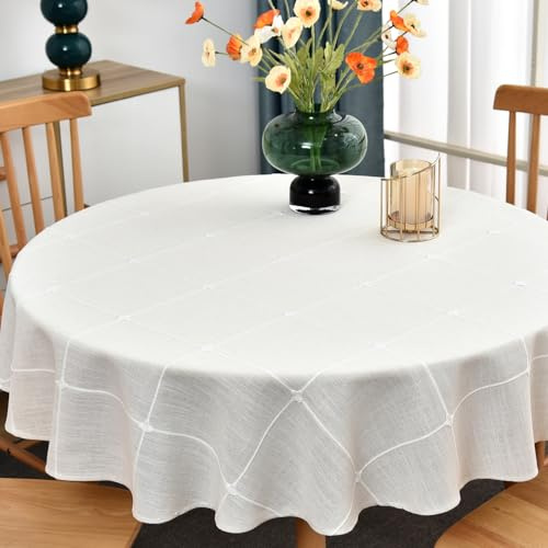 Plenmor Tischdecke rund aus Baumwolle und Leinen robust mit Fester Gitterstickerei für Küche Esszimmer Tischdekoration (Beige, rund, 135 cm Durchmesser) TB-002