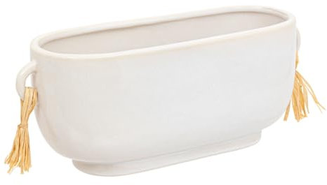 Atmosphera - Jardinera de cerámica esmaltada blanca con pompones L 30 cm