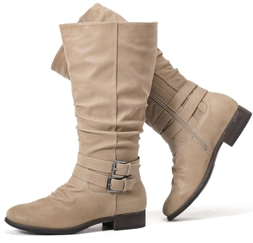 Luoika Women's Extra Wide Calf Slouchy Boots, Wide Width Flat Heel Mid Calf Boots for Women.210403 Taupe 10W
