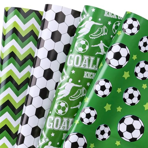 WRAPAHOLIC Fußball-Geschenkpapierbogen – 12 Bögen, Sport-Fußball-Thema, flach gefaltet, für Mottoparty, Saison-Spiele – 50 x 70 cm pro Bogen