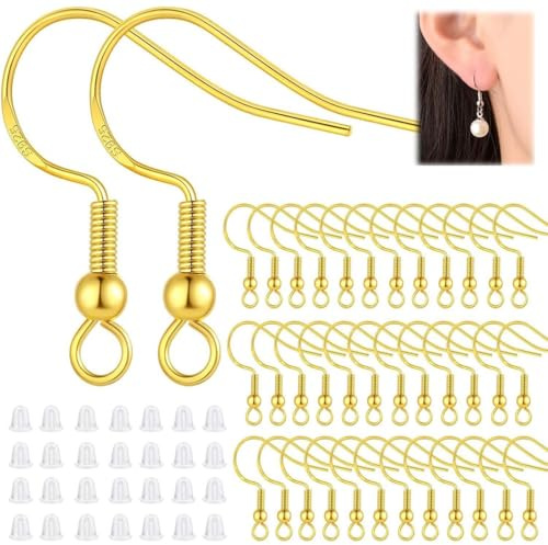 SIOPPKIK 200 Pezzi Ganci per Orecchini Placcati in Argento Ganci per Orecchio Ipoallergenici con Schienali di Sicurezza per Orecchini Trasparenti e Anelli di Salto(Argento e Oro), A
