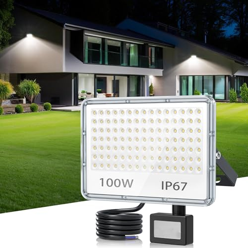 TASINUO LED Strahler mit Bewegungsmelder Außen 100W 10000LM Außenlampe, 1PC | LED Scheinwerfer mit Bewegungsmelder IP67 Wasserdichte, PIR Außenstrahler 6500K Kaltweiß LED Fluter für Lager Garage Eingänge