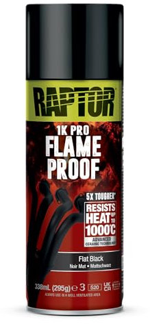 U-POL RAPTOR Flameproof | Feuerfest | hitzebeständig bis 1000°C | Thermo-Lack-Spray | Schutz für Auspuff, Motor & Auspuffkrümmer vor Rost | schnell trockenend (flat black/mattschwarz - 338ml)