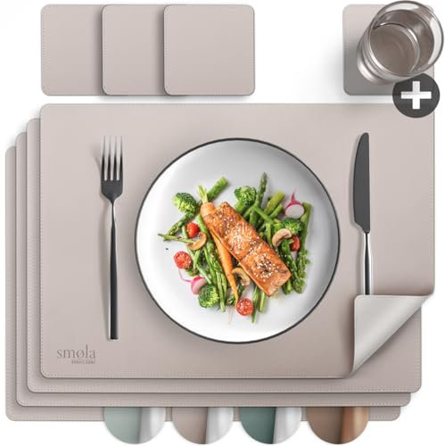 smøla 8-teiliges Tischset aus PU-Leder - inkl. Untersetzer I Platzset Abwaschbar I Platzdeckchen Set in Lederoptik, Tischunterlage für Teller & Gläser I Tischdeko, Lila/Silber