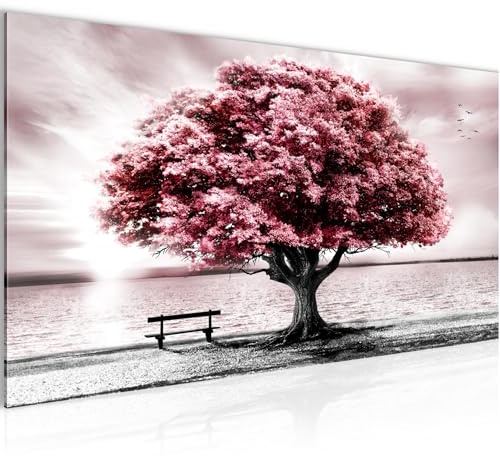 Runa Art Wandbild Strand Sonnenuntergang Modern Bild auf Vlies Leinwand Strand Baum Wohnzimmer Schlafzimmer Grau Rosa 050612b