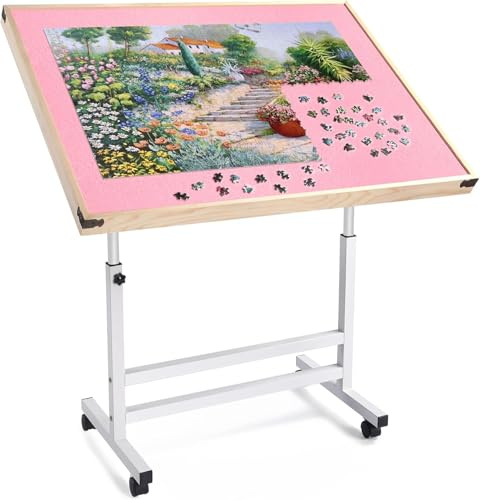 Shyneer Puzzle Table with Drawers 1500 Piece, Jigsaw Puzzle Tabe with Legs Adjustable Angle & Height, Tilting Puzzle Tables for Adults with Cover, for Mothers' Day, Birthday (Pink, Without Drawer)