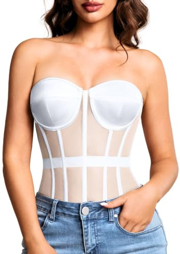 Kaei&Shi Sheer Mesh Overbust Corset,Sexy Strapless Lace Up Satin Bra Corsets Top For Women Shapewear White X-Large