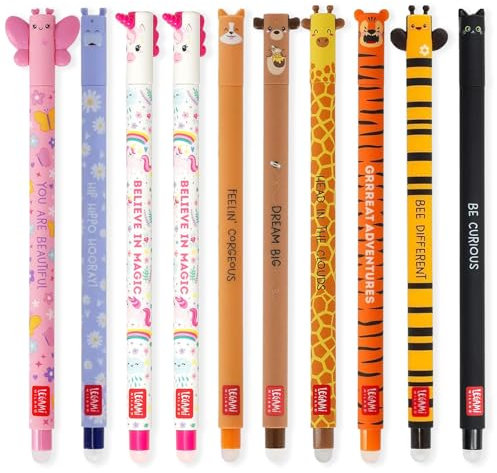 LEGAMI Set mit 10 radierbaren Gelstiften mit thermoempfindlicher Radiertinte, verschiedene Tintenfarben und Schaftdesigns, 0,7 mm Spitze, Tiermotive