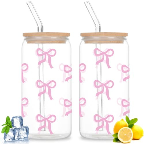 GOEDCH Gobelet en Verre avec Couvercle et Paille: Lot de 2 Verres Réutilisables, Ensemble Verre à Nœud Rose de Élégant en Forme de Canette pour Bubble Tea, Café Glacé, Cocktails, Smoothies