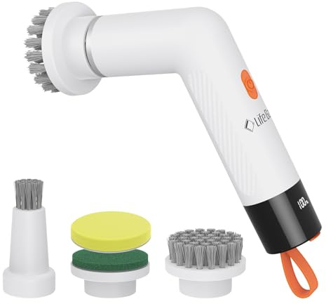 Brosse Nettoyage Electrique LifeBasis, Brosse Nettoyage Électrique Rotative avec 4 Têtes, 2 Vitesses Réglables et IPX6 Étanche, Electric Spin Scrubber pour Salle de Bain, Cuisine, Carrelage