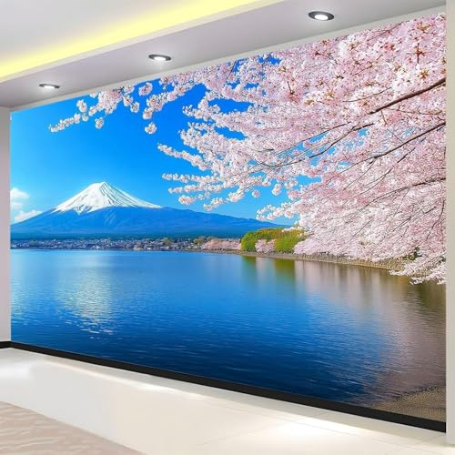 Fotomurales Decorativos Japón Papel Pintado 350x256 cm 3D Mural Flores de Cerezo Monte Fuji Murales Póster Pared No Tejido Dormitorio Salón Paredes Decoración Fotomural Panorámico q7228