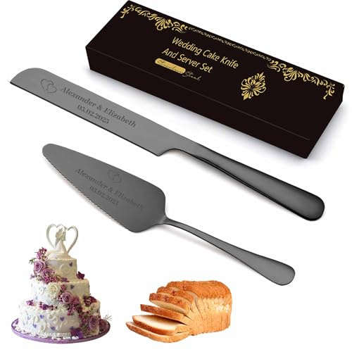Personalised Cake Cutting Set for Wedding, Custom Cake Serving Set, Customised Name Date or Blessing, for Newlyweds, Weddings, Anniversaries, and Special Occasions (Black)