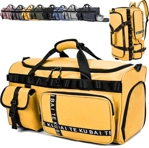 AUNGKWANG Reisetasche Damen Herren, 65L Wasserabweisende Sporttasche, Reise Tasche mit Schuhfach und Nassfach, Gym Bag, Handtasche, Umhängetasche, Schultertasche für Reisen, Fitness, Sport, Gelb