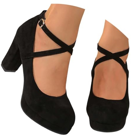 Mary Janes Escarpins en daim pour femme - Élégantes - Pieds larges - Chaussures de mariée - Talon bloc - Largeur H - Escarpins compensés - Talons hauts - Escarpins à lanières - Chaussures de danse 36