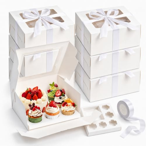 Dicunoy 6 Pack Bento Cake Box with Cupcakes, 5 Inch Cake and 5pcs Cupcake Boxes Combo Box with Clear Lids and White Ribbon, 2 in 1 Cake Containers for Birthday, Christmas Valentine's Day, Picnic | Pastry Boxes with Clear Window Lid Ribbon, Fit 5 Cupcake and 1 Mini Cake, Mini Cupcake Box for Baked Goods Gift Wedding Party