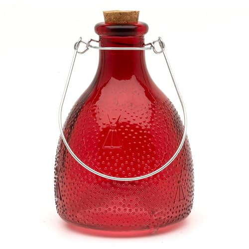 CKB LTD Small Wasp Trap Catcher - Coloured Glass Honey Pot Bottle Design with Metal Hanger Traditional Attractive Hanging For Insect Indoor Outdoor Garden Pest Control (Red)
