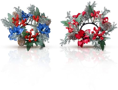 XJLyaya 2 Pezzi Corona Avvento, Centro Tavola Natalizio, Centrotavola Natalizio Con Candele, Viene Fornito Con Cedro Finto, Bacche Rosse, Pigne, Fiori di Stoffa, Non Include Candele