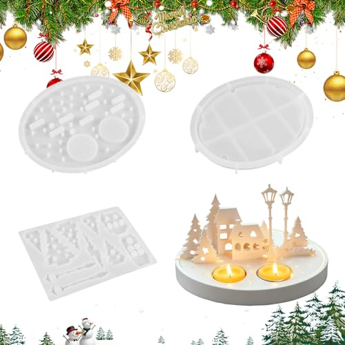Stampi in silicone per albero di Natale, 3PCS S-tampi in silicone per Natale, Stamp In Silicone Per Case con base, Natale Stampi 3D per Case, Stamp per colata in resina per casa, per DIY Candele