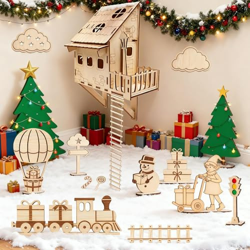 HolzhaHolzhaus Basteln Miniatur Haus DIY Set Wichtel Zubehör Weihnachten | Bastelset zum Zusammenbauen mit Zug, Schneemann, Wichtel, Strickleiter & Geschenken für Weihnachten