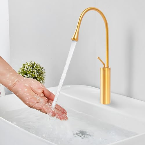 MEHOOSPVN Gold Waschtischarmatur Hoch Waschbecken Einhandmischer Mischbatterie 360° Drehbar Bad Küchenarmatur Wasserhahn Spültischarmatur, Messing Wasserhahn Heiß Kaltwasserhahn für Aufsatzwaschbecken