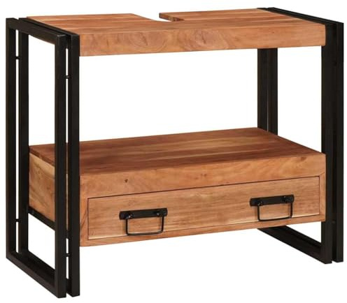 QZZCED Mobile per lavabo da bagno in legno massello di acacia e ferro, con cassetti e ripiani, design rettangolare moderno per archiviazione intelligente e organizzazione, costruzione