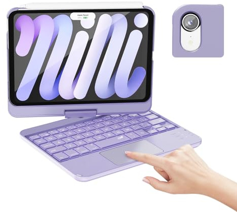 RAYMCRAFT Funda con teclado para iPad mini 7 (2024) y Mini 6 (2021), funda giratoria de 360° para iPad mini de 7ª/6ª generación, cubierta de teclado retroiluminada de 7 colores con trackpad, apagado y